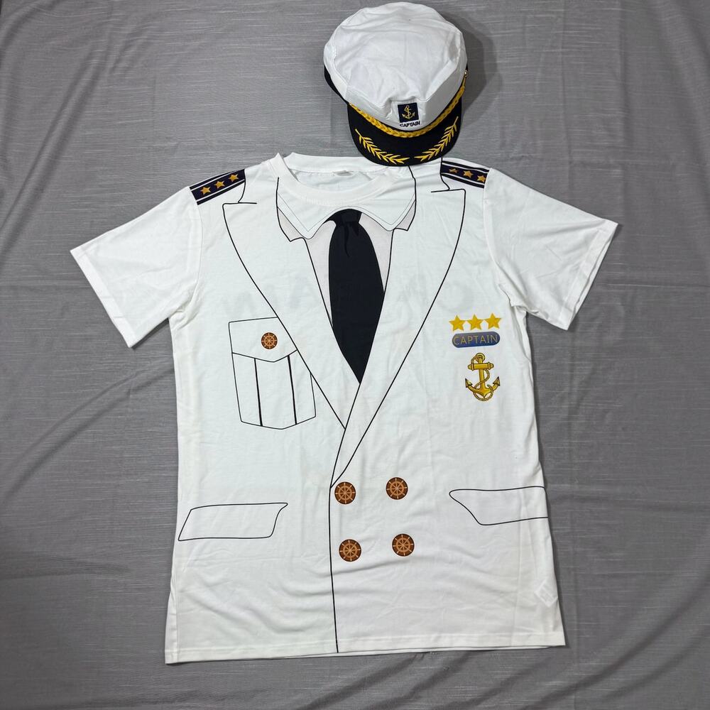 Men’s Size XL Captain Costume Tee & Hat Set – White